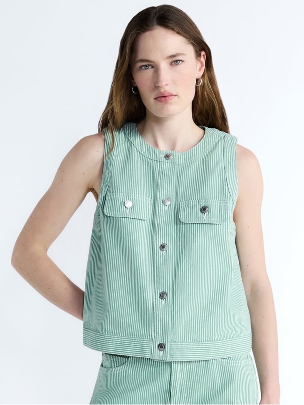 NWOT Free Assembly Button Front Sleeveless Denim Top, Green & White Stripe – M